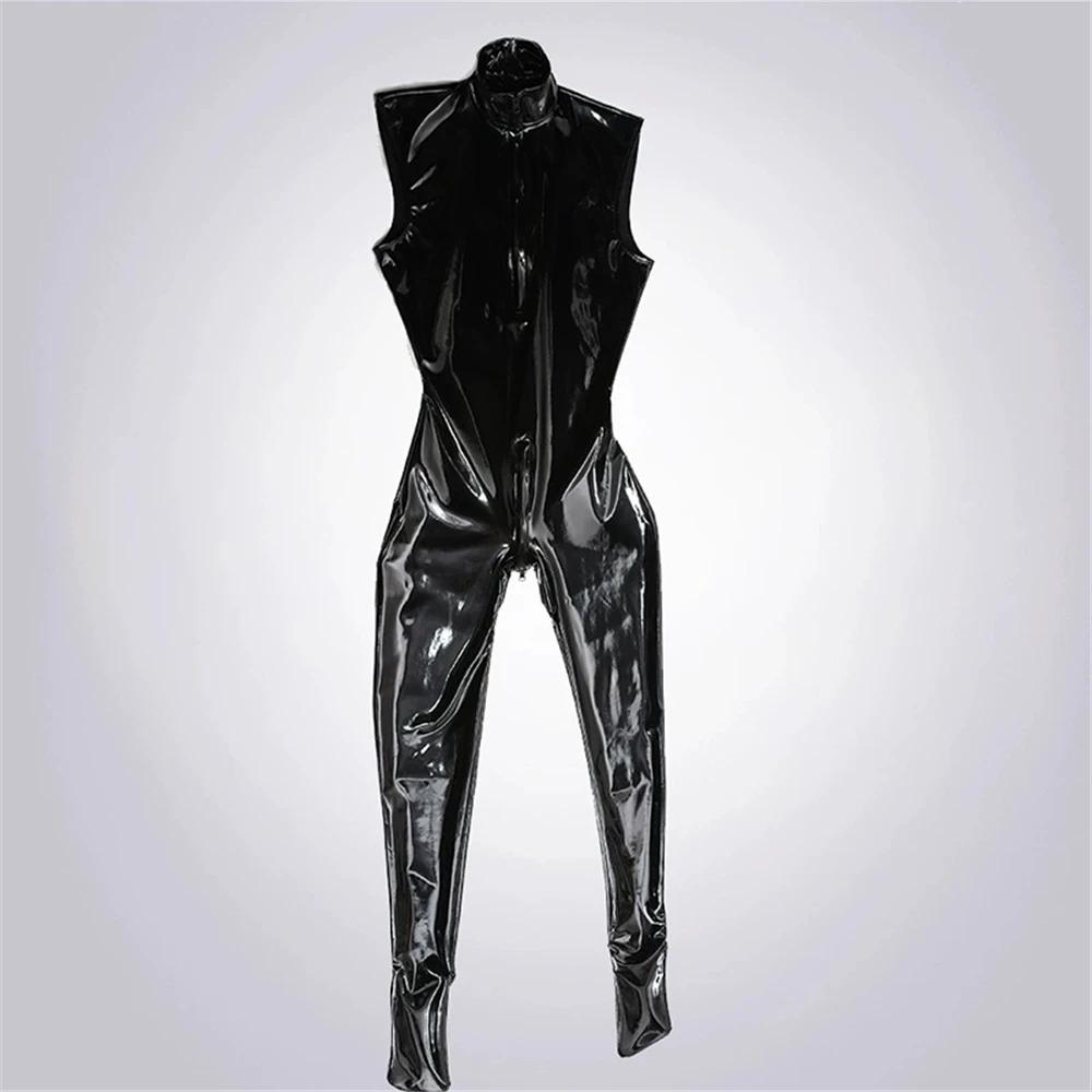 Sexy Men Elastic PU Bodysuit PVC Glossy Shiny Sleeveless Latex Men's Tights Cosplay Maid Leotard Zipper Open Crotch Stage Wear