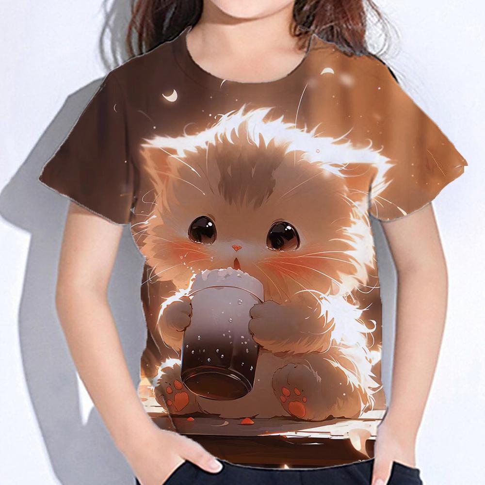 Girl Clothes Cute Cat Print T Shirt Short Sleeve Girl T-Shirt Summer Kids Clothes Crew Neck Tee Top Shirts Fashion Child T Shirt