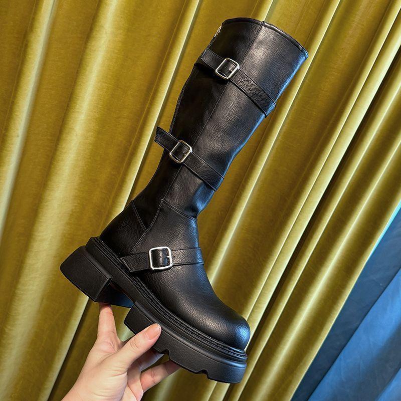 Retro Martin boots women's belt buckle slim boots new skirt fashion but knee high boots