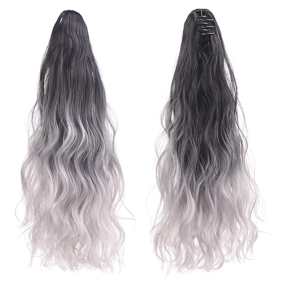Extension de Cheveux Synthétiques Longs Lisses à Pince Queue de Cheval 22 Pouces Noir Mèches Bleues Grises Postiche Queue de Cheval Perruque Pour Femmes