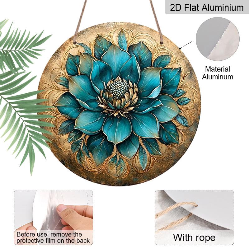 2D Flat, 1pc Retro Turquoise Flower Mosaic Round Wall Art, 2D Aluminum Sign with Golden Accents Frameless, Perfect for Home Decor, Balcony, Rustic