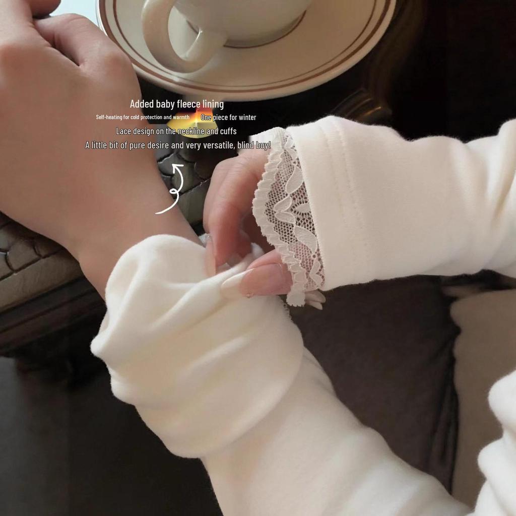 2025 Damen Slim Fit V-Ausschnitt Thermofleece Spitzen-Patchwork Langarm-T-Shirt für Herbst/Winter