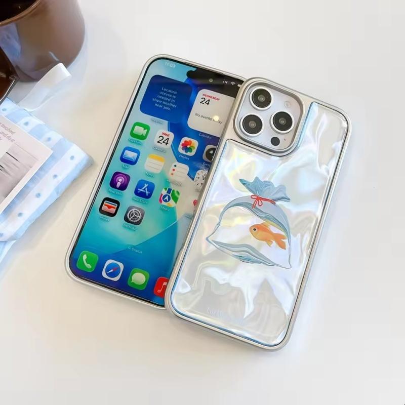 Cute Luck Goldfish Bag Water Ripple Silver Border Drop Glue Shock Proof Phone Cover Case for iPhone 17 16 15 14 Pro Max