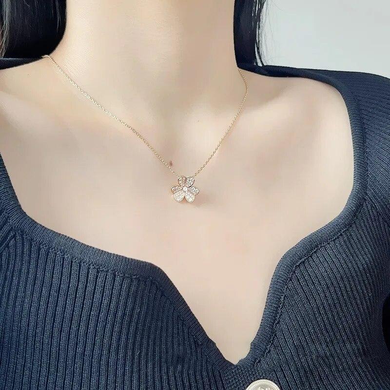 925 Silver Full Diamond Clover Necklace For Women Europe And Usa New Fashion Sweet Temperament Ladies Famous Brand Jewelry Gift