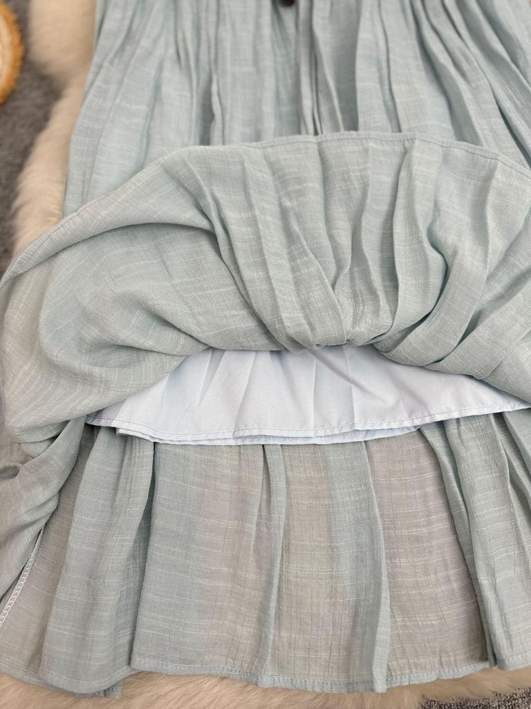 European & American A-line Pleated Cotton Linen Skirt with Elastic Waist - Mid-Length, Versatile, Women's