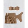 Sexy Bandeau Bikini Women Coffee Metal Water Droplet Ornament Push Up Mesh Skirt 3 Piece Swimsuit Beach Bathing Suit Swimwear