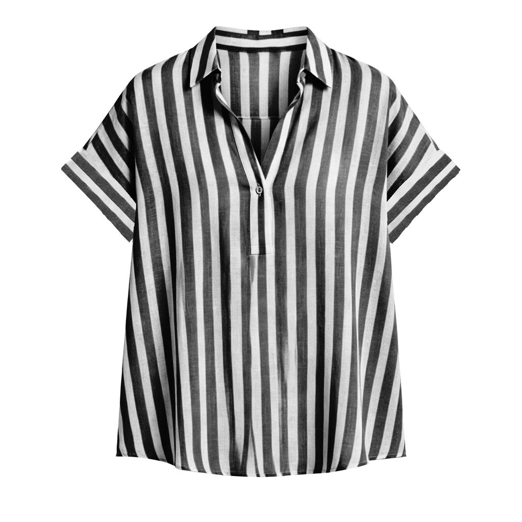 Womens Loose Fit Vertical Stripe Short Sleeve Button Down Collared Shirt Casual Lightweight Blouse Top