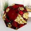 Golden Roses,Red Background Automatic Folding Umbrella 8 Rib Lightweight Design, Durable Iron Frame, Compact and Portable, Perfect Gift Fo