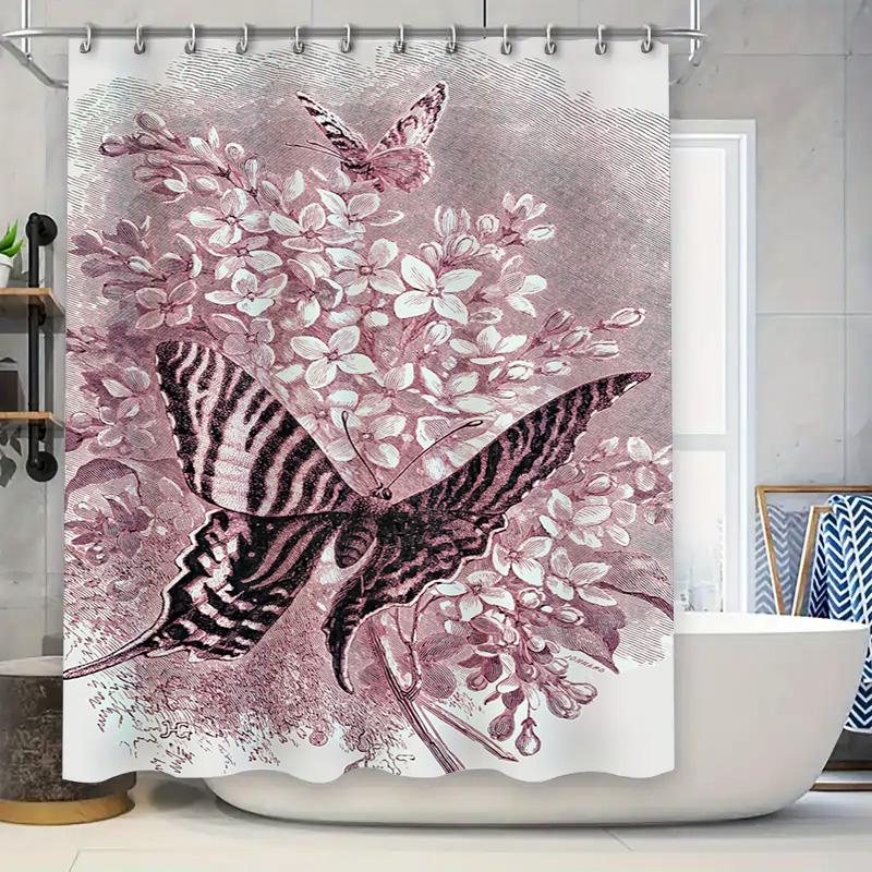 

Beautiful Bathing Curtain With Butterfly Print: Luxurious And Stylish Shower Curtains For Home Decoration In Pink Red Floral Pat W60H190(CM)-1 Pcs