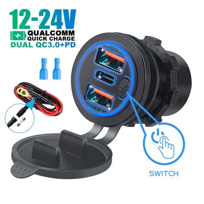 68W Dual QC 3.0 USB & PD Type-C Triple Socket 12-24V Car Charger with Touch Switch Waterproof for Car Boat Marine RV