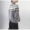 Women's 100% Wool Fair Isle Jacquard Sweater - Heavy Knit, Half-High Collar Pullover
