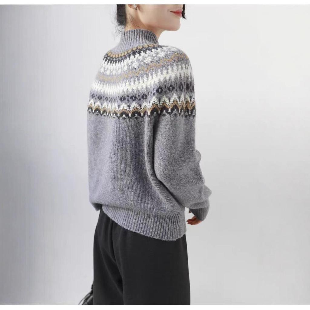 Women's 100% Wool Fair Isle Jacquard Sweater - Heavy Knit, Half-High Collar Pullover