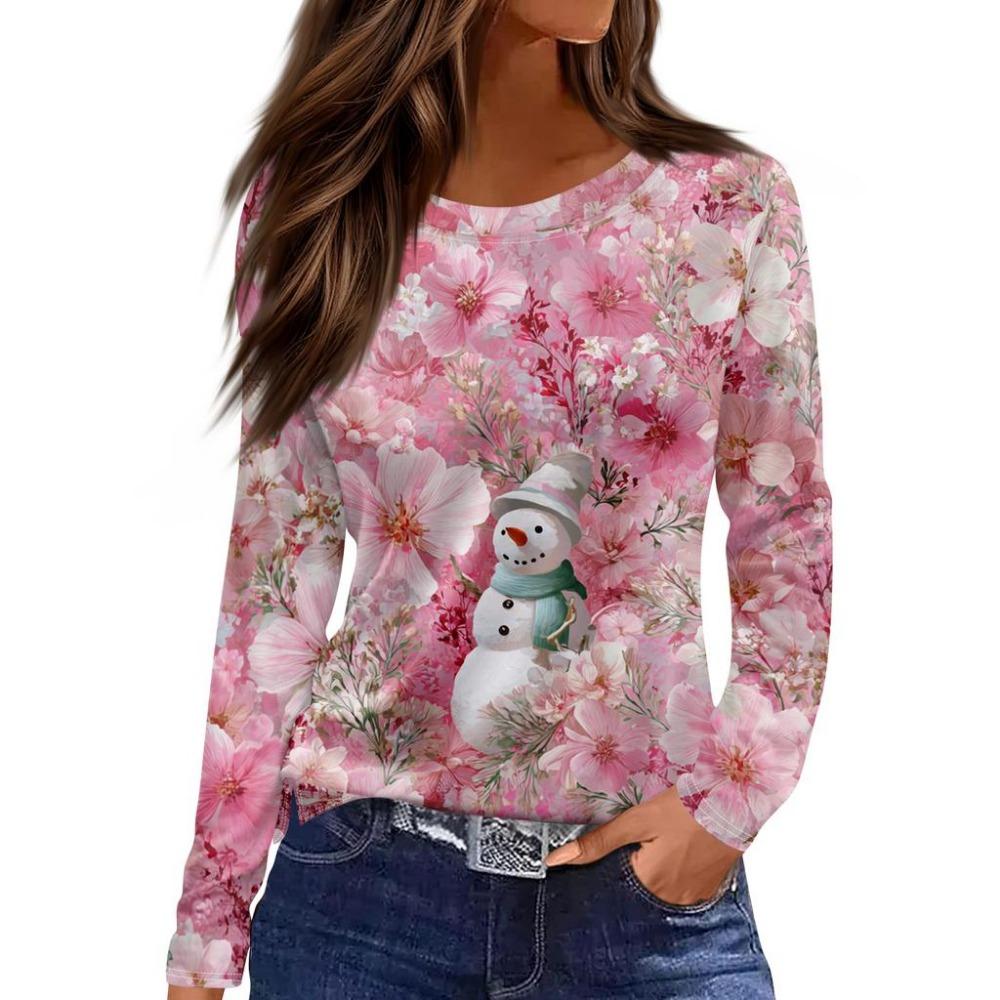 Women's 3D Floral Snowman Print Round Neck Long Sleeved Shirt