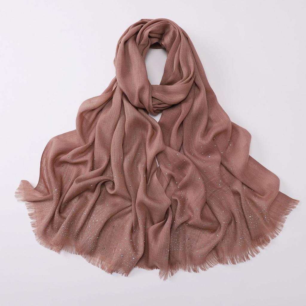 Versatile Solid Color Bamboo Yarn Headscarf With Rhinestones Malay Style Scarf