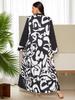 Plus Size Retro Abstract Art V-Neck Long Dress with Patchwork Sleeves