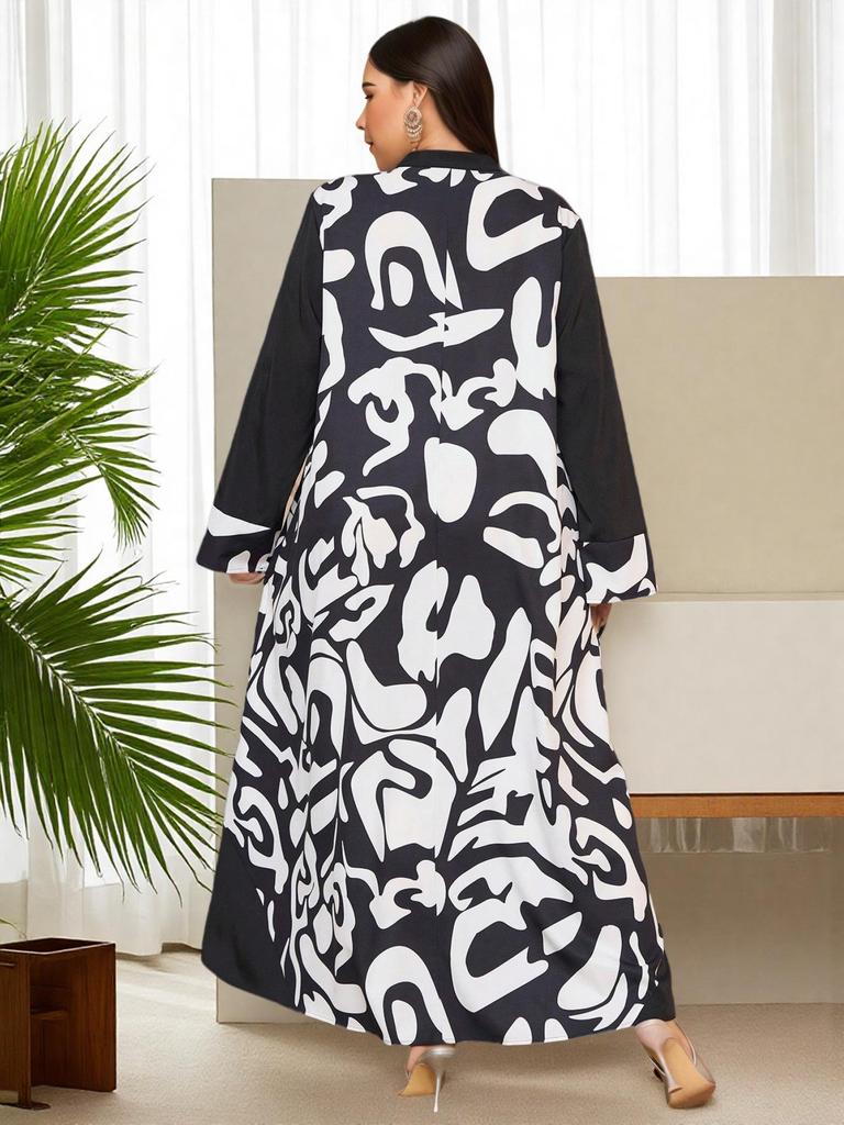 Plus Size Retro Abstract Art V-Neck Long Dress with Patchwork Sleeves