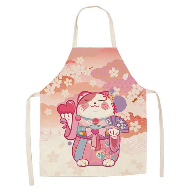 Japanese Lucky Cat Apron With Waterproof Linen Material For Kitchen Cooking And Baking