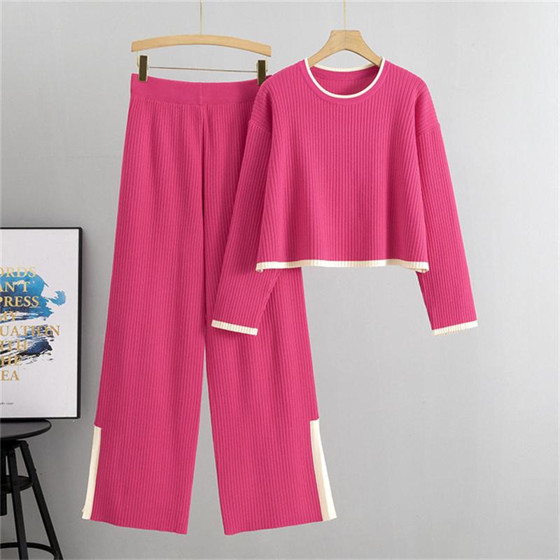 Knitted Set Women's Autumn Short Sweater Wide Leg Pants Two Piece Set