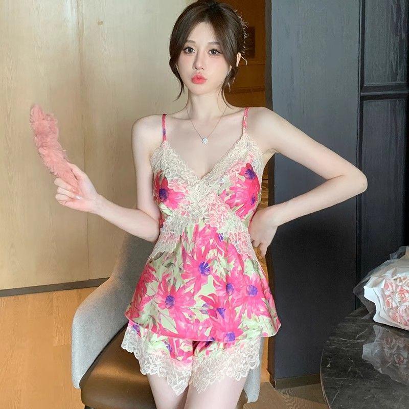 Live Broadcast Polka Dot Ice Silk Pajama Set: Women's Spring-Summer Lace Trim Camisole and Shorts