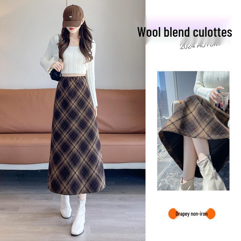 Women's Slimming High Waist Plaid Wool Midi Skirt - Retro Autumn/Winter A-Line Style