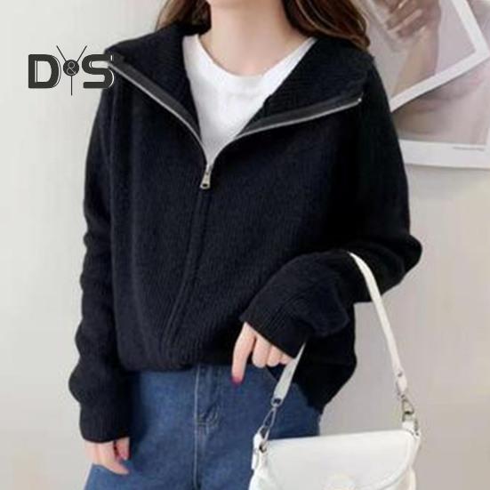 Women Sweater Coat Solid Color Lapel Long Sleeve Double Zipper Fly Design Knitting Coat Casual Commuting Style Outwear