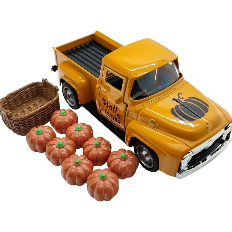 Fall Pumpkin Truck Decors Thanksgiving Harvest Metal Farm Truck with Fake Pumpkins for Tiered Tray Home Decorations 1