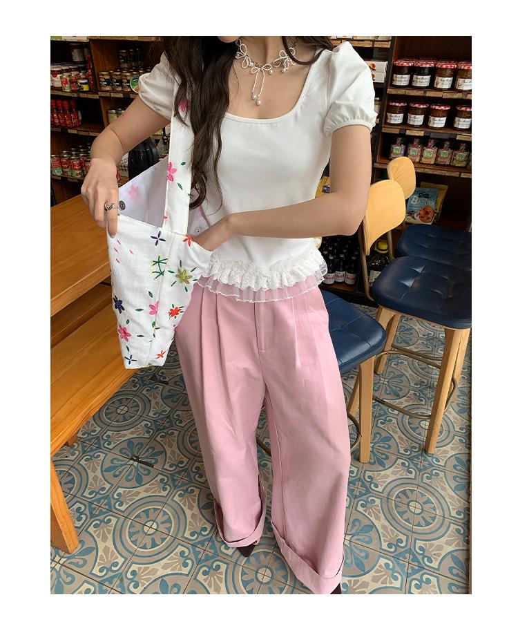 Interpret Beauty Summer 2025 Sweet Lace Trim Slimming Square Neck Short Sleeve T-Shirt S5012