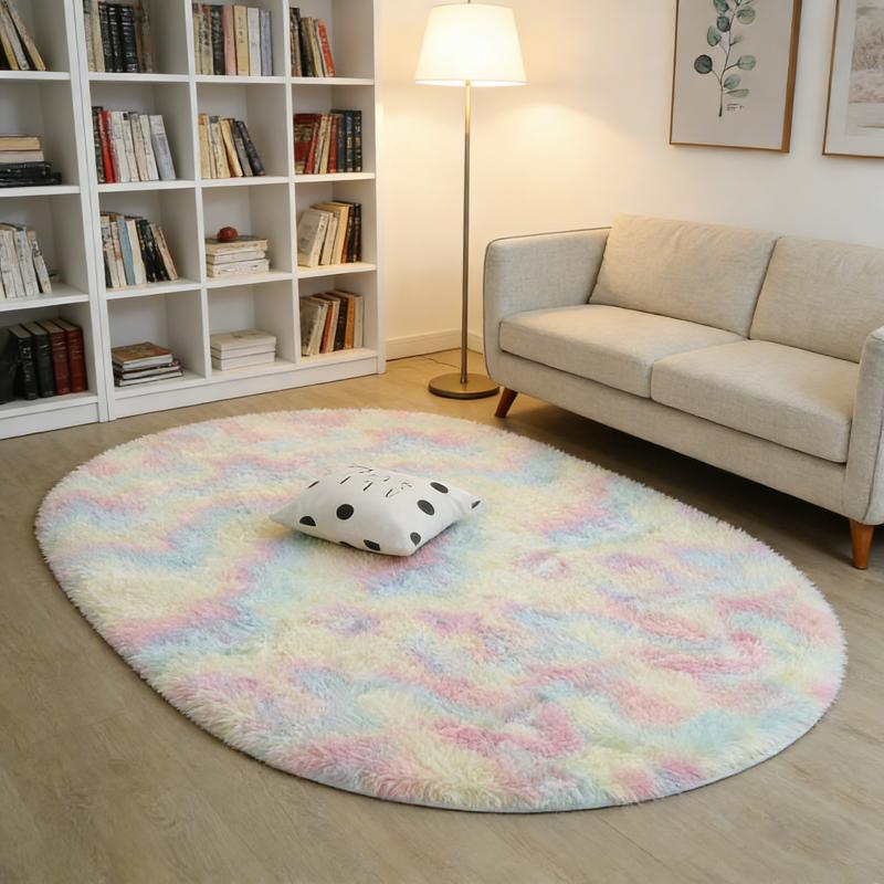 Rainbow Plush Carpet Oval Fluffy Rug For Girl Bedroom Long Pile Soft Beside Mat Large Area Rug Living Room Shaggy Kids Playroom Mat