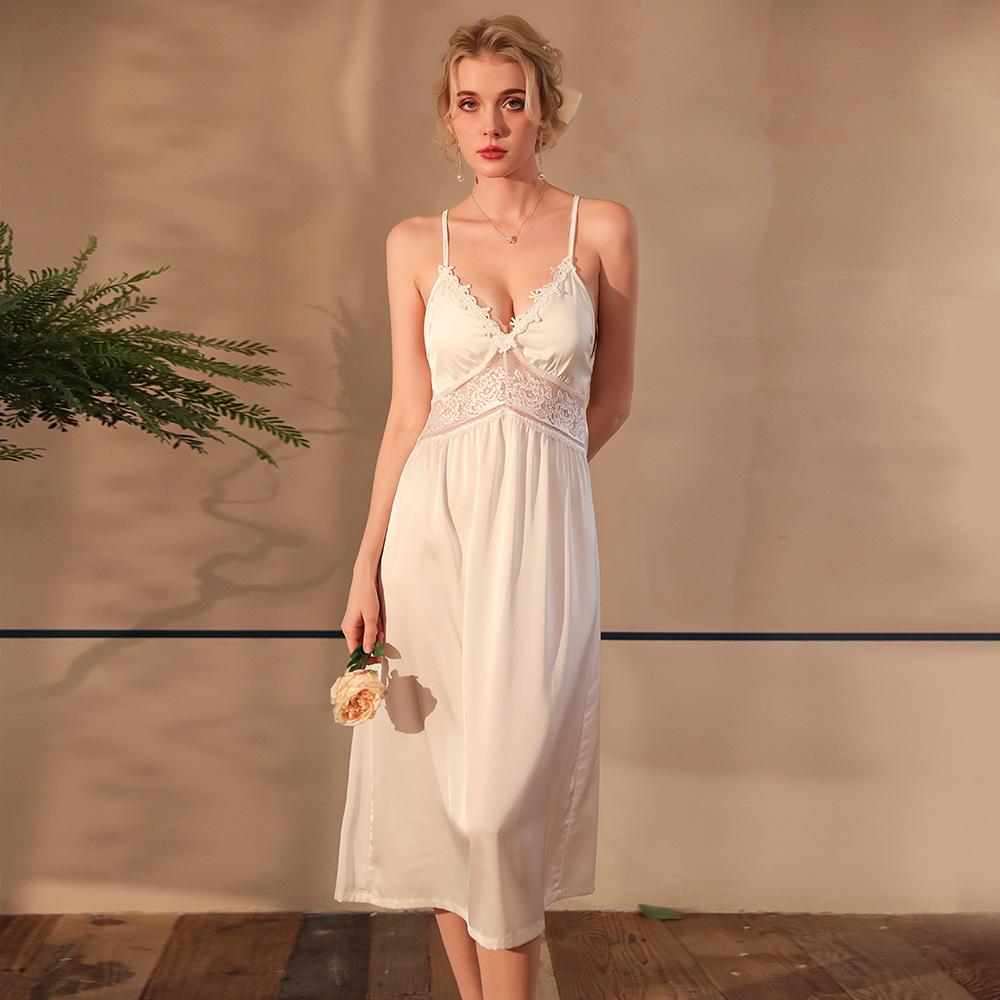 Sexy Ice Silk Satin Cami Nightgown Deep V Backless Long Slim Fit Skin-Friendly Pajamas 516 Silky Luxurious Sleepwear for Ultimate Comfort