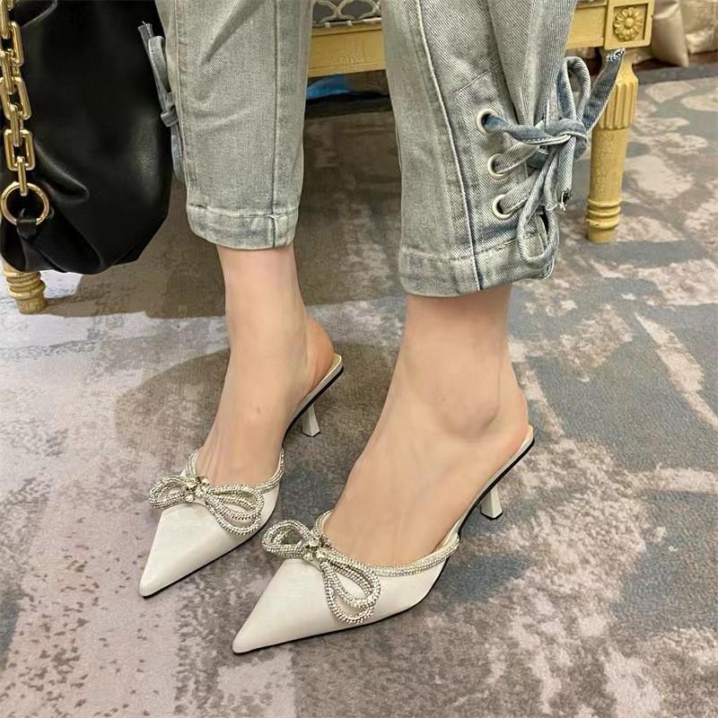 Summer new rhinestone bow pointed head bag head empty thin heel high heel large size catwalk slippers women