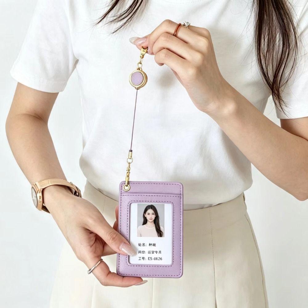 Retractable Work Badge Reel PU Leather Student Card Sleeve Compact ID Card Holder Work Use
