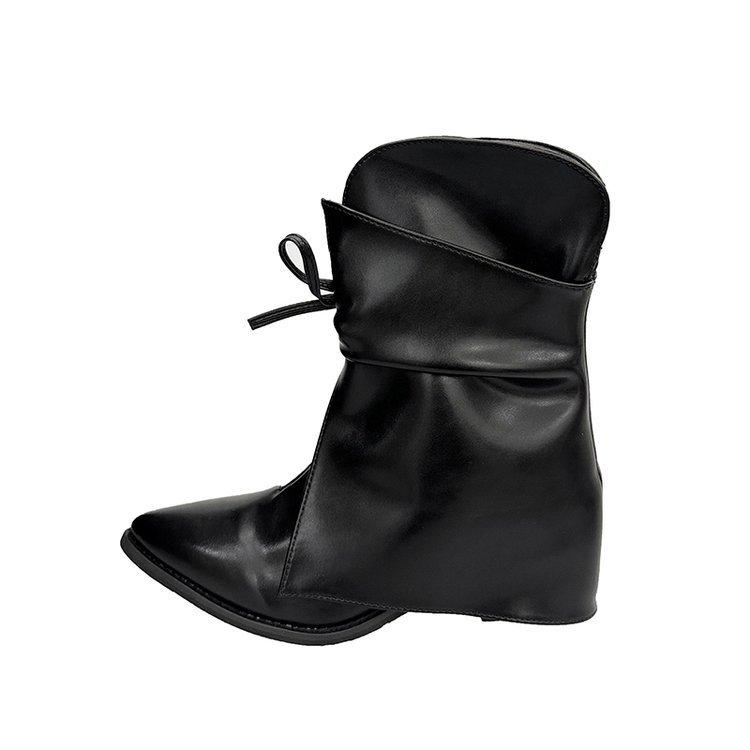 

Pointed short trouser boots women s 2025 autumn and winter new bow thick heel stacking boots British style large size Martin boots 35 чёрный
