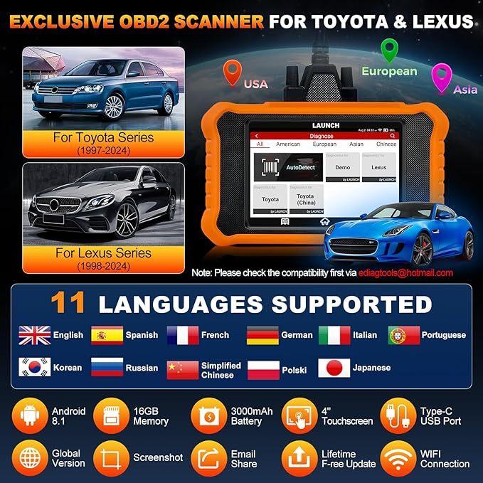 2025 LAUNCH Creader Elite V2.0 fit for Toyota Lexus Bi-Directional Scan Tool, Full System OBD2 Scanner, All Reset Service Code R