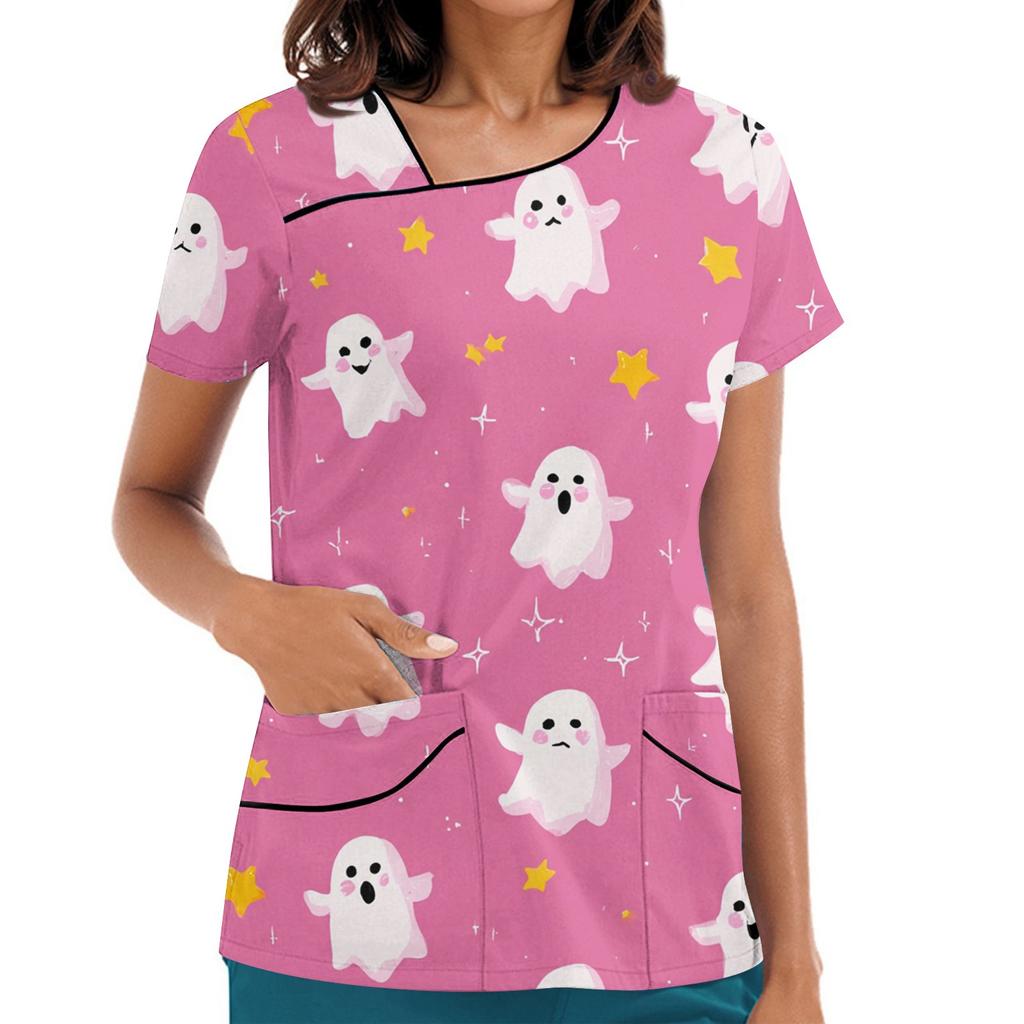 Damen Bedruckte Arbeitskleidung, Schräger Kragen und Doppellagige Taschen, Basic Oberteil Pullover