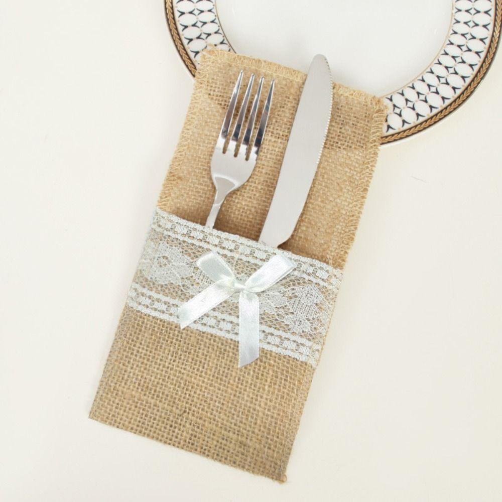 Lace Trim Tableware Storage Bag Linen Fabric Table Decoration Accessories  For Table Decorations
