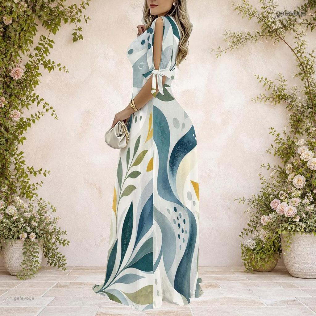 Women Plus Size V Neck Cold Shoulder Short Sleeve Tie Cuff Printed A Line Maxi Dress