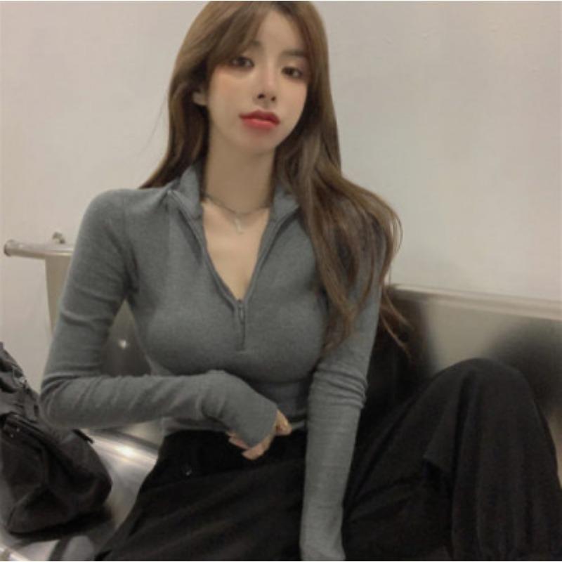 

Новая базовая рубашка женская осень-зима корейская версия футболка с длинными рукавами полумолния узкая сексуальная внутри с коротким укороченным топом тренд 3XL