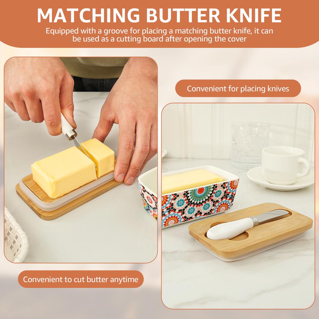 5.83" Large Butter Dish Vintage Ceramic Butter Box with Bamboo Lid Multi-role Counter Square Food Storage Box Kitchen Supplies