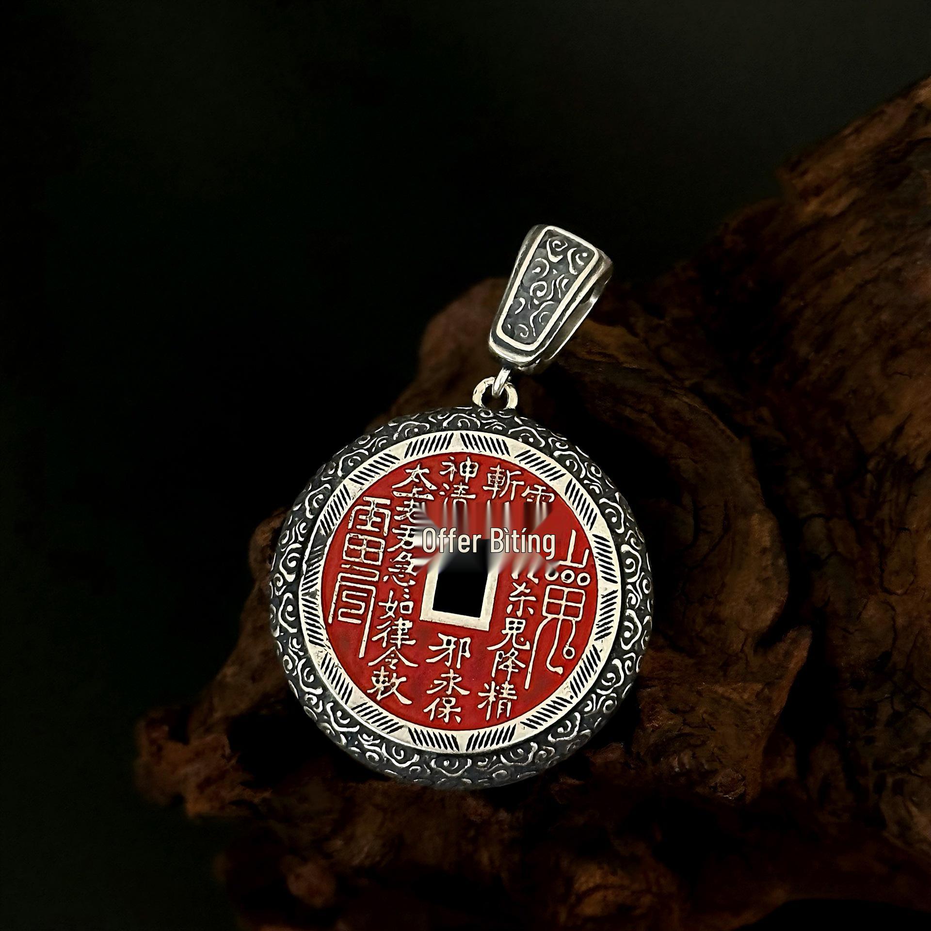 

S925 Sterling Silver Mountain Ghost Cinnabar Coin Pendant for Men & Women - Taoist Niche Design 925 Silver