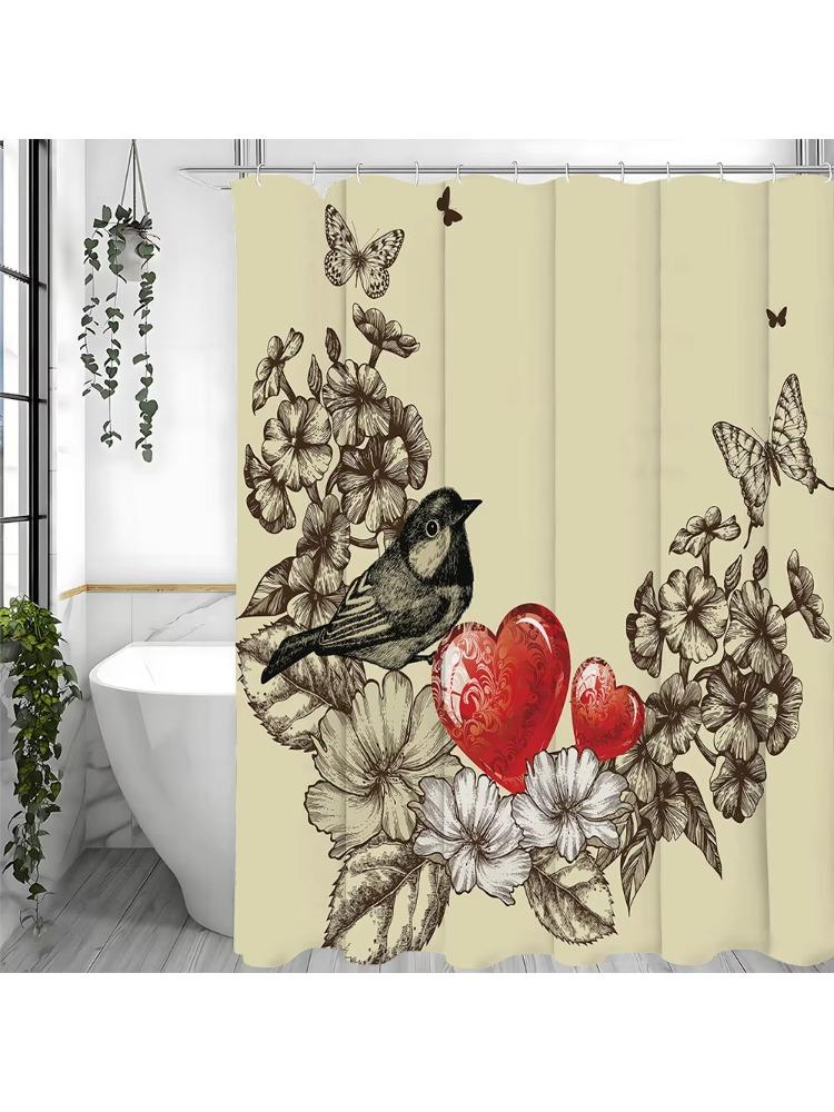 Flower Bird Butterfly Shower Curtain, Bathroom Decorative Shower Curtain, Waterproof Shower Curtain with Hooks W90xH180cm
