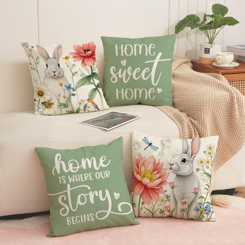 Easter Letter Print Pillowcase Plant Flower Holiday Decoration Square Pillowcase Cute Rabbit Pillow