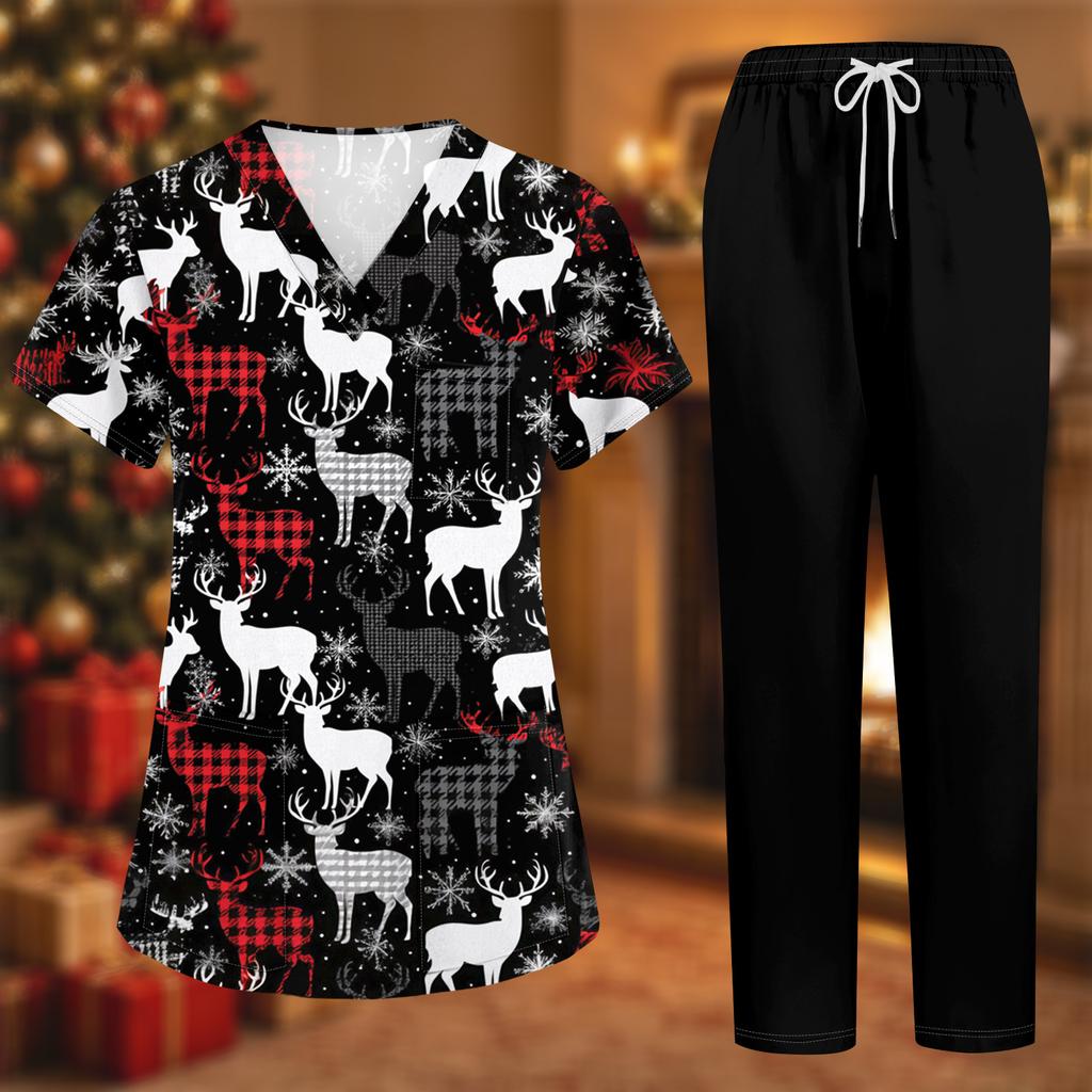 Damen Kurzarm Uniform 2-teiliges Set Halloween-Print Kasack-Oberteil und Hose mit Taschen Pflegekraft