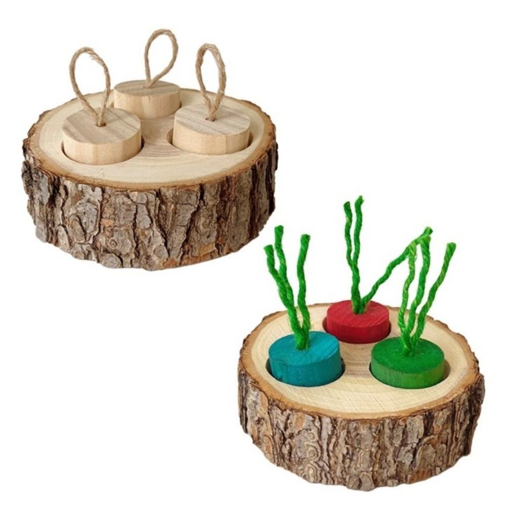 Natural Wood Bunny Toy Round Shaped 3-Grid Hamster Foraging Toy Educational Toy Bite-resistant Rabbit Chewing Toy Pet Supplies