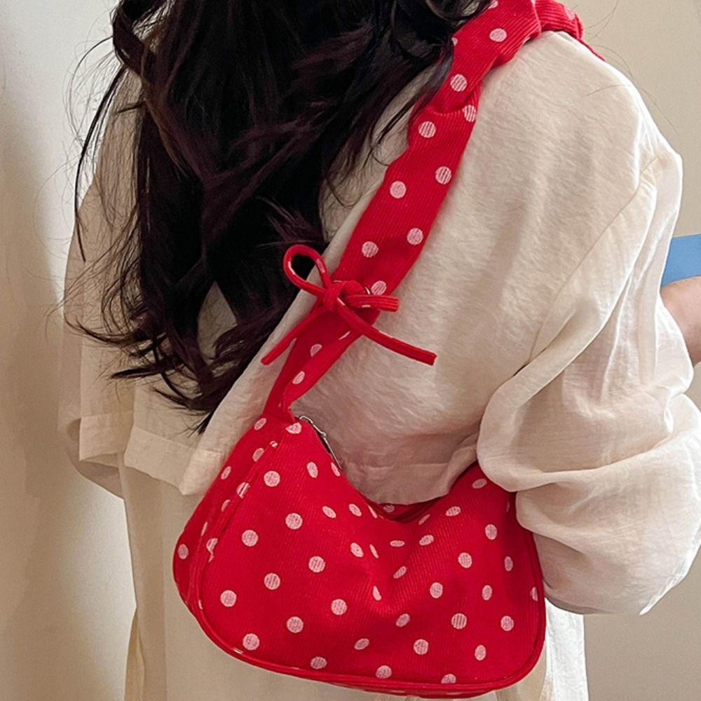 Cloth Polka Dot Shoulder Bag Pleated Canvas Underarm Bag Charming Small Hobo Bag Travel