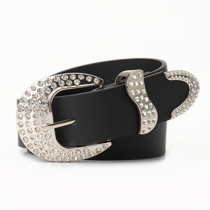 Classic Water Diamond Embellished Faux Leather Belt For Women With Adjustable Pin Buckle