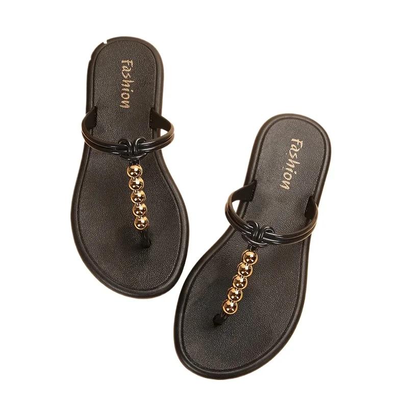 Fashion 2024 High Quality Ladies Shoes Shallow Women's Slippers Fashion String Bead Beach Slippers Women New Peep Toe Flat Slippers