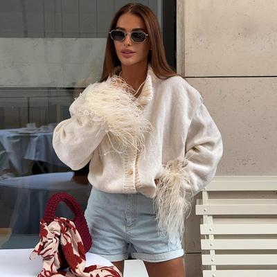 Feather Patchwork Cardigan Women Knit Fashion Single Breasted Turtleneck Loose Long Sleeve Top Sweaters Party Casual Chic Coat