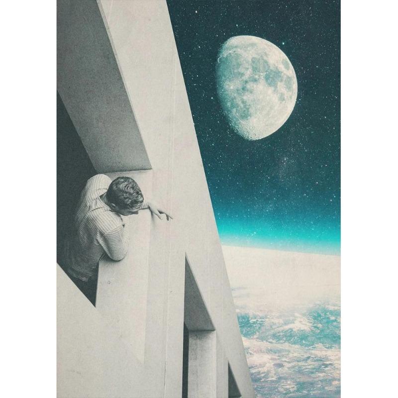 Vinatge Space Collage Night Sky Posters Canvas Painting Galaxy Moon Surrealism Wall Picture for Living Room Decoration At Home