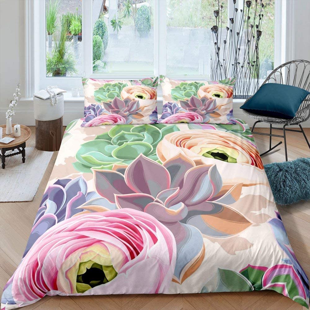 Sukkulenten Bettbezug Set Grüne Pflanze Tropisches Botanisches Bettwäsche Set Aquarellmalerei Stilvolles Naturthema Twin Quilt Cover