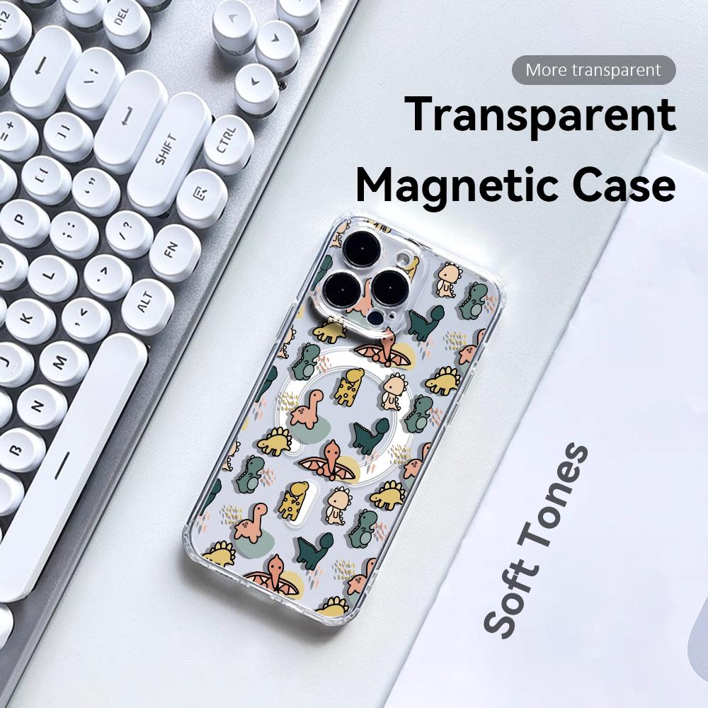 Cartoon Cute Dinosaurs Phone Case For iPhone 17 16 15 14 13 12 Pro Max Plus With Magnetic Crystal Clear Case Wireless Charge